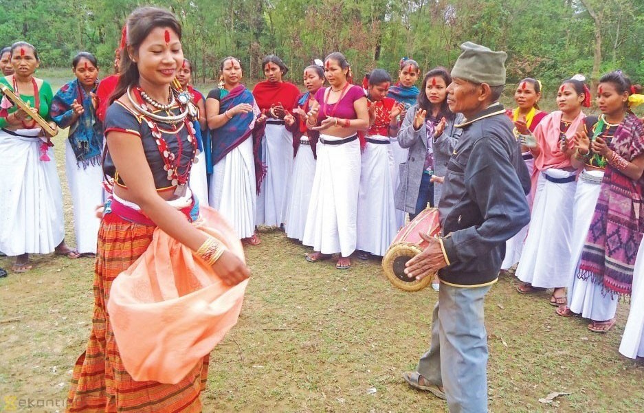 माघौता नाचमा रमाइलो गर्दै  थारु समुदाय
